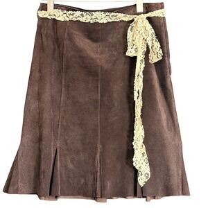 Karen Kane Suede Skirt Women 8 Brown Lace Belt Boho Coastal Cowgirl Dopamine